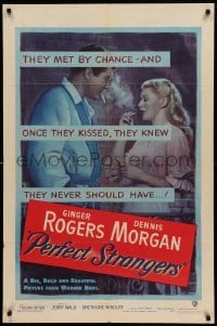 4j680 PERFECT STRANGERS 1sh '50 artwork of pretty Ginger Rogers smoking with Dennis Morgan!