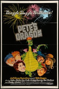 4j682 PETE'S DRAGON 1sh '77 Walt Disney, colorful art of cast headshots & dragon by Paul Wenzel!