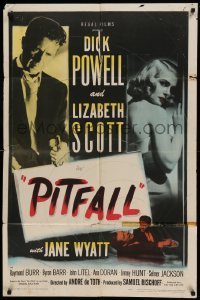 4j686 PITFALL 1sh '48 Dick Powell is as strong as steel but Lizabeth Scott will break him!