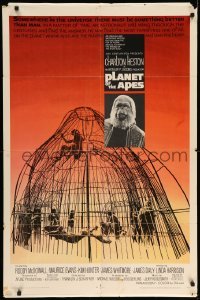 4j687 PLANET OF THE APES 1sh '68 Charlton Heston, classic sci-fi, cool art of caged humans!