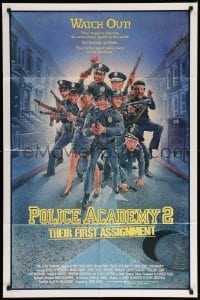 4j691 POLICE ACADEMY 2 int'l 1sh '85 Steve Guttenberg, Bubba Smith, great Drew Struzan art of cast!