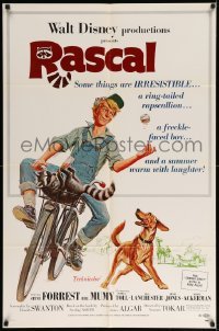 4j716 RASCAL 1sh '69 Walt Disney, great art of Bill Mumy on bike with raccoon & dog!