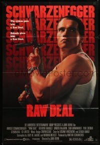 4j717 RAW DEAL 1sh '86 great image of tough guy Arnold Schwarzenegger with gun!