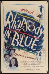 4j735 RHAPSODY IN BLUE 1sh '45 Robert Alda as George Gershwin, Al Jolson in blackface pictured!