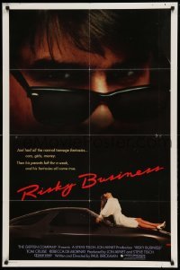 4j743 RISKY BUSINESS int'l 1sh '83 different close up image of Tom Cruise in cool shades!