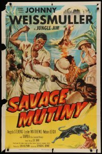 4j756 SAVAGE MUTINY 1sh '53 art of Johnny Weissmuller as Jungle Jim fighting island natives!