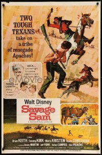 4j757 SAVAGE SAM style A 1sh '63 Disney, art of boy & dog fighting Native, Old Yeller sequel!