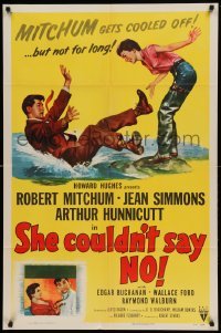 4j779 SHE COULDN'T SAY NO style A 1sh '54 sexy short-haired Jean Simmons, Dr. Robert Mitchum