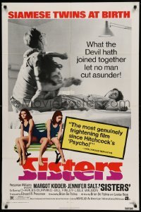 4j791 SISTERS 1sh '73 Brian De Palma, Margot Kidder is a set of conjoined twins!