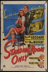 4j818 STANDING ROOM ONLY style A 1sh '44 art of housemaid Paulette Goddard held by Fred MacMurray!
