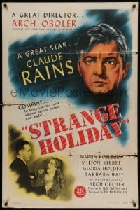 4j829 STRANGE HOLIDAY 1sh '46 portrait art of star Claude Rains, great director Arch Oboler!