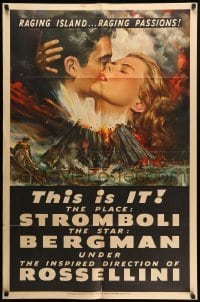 4j837 STROMBOLI 1sh '50 Ingrid Bergman, directed by Roberto Rossellini, cool volcano art!
