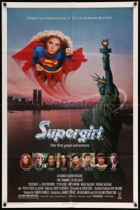 4j839 SUPERGIRL 1sh '84 super Helen Slater in costume flying over Statue of Liberty!