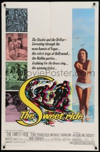 4j846 SWEET RIDE 1sh '68 1st Jacqueline Bisset standing topless in bikini, cool surfing art!