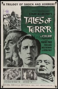 4j853 TALES OF TERROR 1sh '62 great close images of Peter Lorre, Vincent Price & Basil Rathbone!