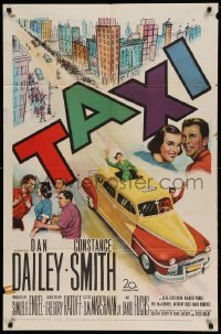 4j860 TAXI 1sh '53 artwork of Dan Dailey & Constance Smith in yellow cab in New York City!