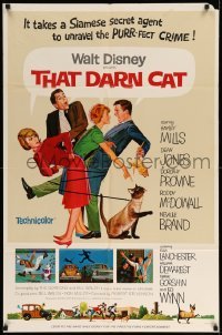4j870 THAT DARN CAT style A 1sh '65 great art of Hayley Mills & Disney Siamese feline!