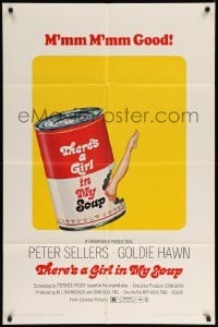 4j875 THERE'S A GIRL IN MY SOUP 1sh '71 Peter Sellers, Goldie Hawn, great Campbell's soup can art!