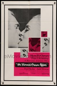 4j881 THOMAS CROWN AFFAIR 1sh '68 best kiss close up of Steve McQueen & sexy Faye Dunaway!