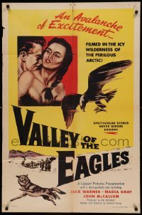 4j941 VALLEY OF THE EAGLES revised 1sh '52 combat with savage wolves, English Arctic thriller!