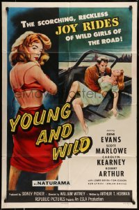 4j992 YOUNG & WILD 1sh '58 best artwork of the reckless joy rides of wild girls of the road!