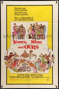 4j994 YOURS, MINE & OURS 1sh '68 art of Henry Fonda, Lucy Ball & their 18 kids by Frank Frazetta!