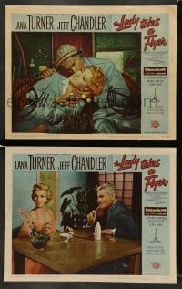 4k951 LADY TAKES A FLYER 2 LCs '58 great images of pilot Jeff Chandler with sexy Lana Turner!