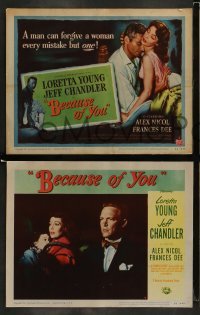 4k083 BECAUSE OF YOU 8 LCs '52 Jeff Chandler can't forgive Loretta Young for THIS mistake!