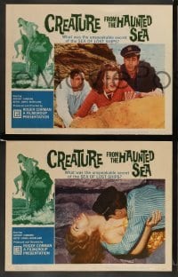 4k848 CREATURE FROM THE HAUNTED SEA 4 LCs '61 cool border art of huge sea monster & sexy girl!
