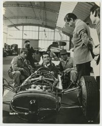 4m405 GRAND PRIX 8x10.25 still '67 great image of James Garner in race car by crew in garage!