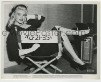 4m522 JAYNE MANSFIELD 8x10.25 still '55 candid sitting in chair with her measurements on it, Illegal