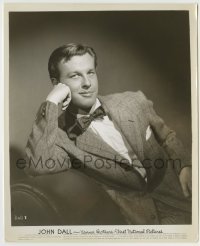 4m544 JOHN DALL 8.25x10 still '40s in suit & bow tie leaning on chair with hand by his face!