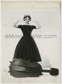 4m609 LOVE IN THE AFTERNOON 8x11 key book still '57 Audrey Hepburn full-length by her cello case!