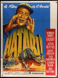 4p720 HATARI French 1p '62 Howard Hawks, best art of John Wayne in Africa by Roger Soubie!