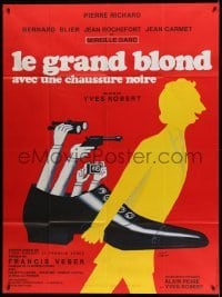 4p939 TALL BLOND MAN WITH ONE BLACK SHOE French 1p R70s wacky crime artwork by Herve Morvan!