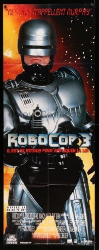 4p526 ROBOCOP 3 French door panel '93 full-length close up of cyborg cop Robert Burke with gun!
