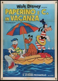 4p199 PAPERINO E C IN VACANZA Italian 1p '77 Donald Duck, Goofy & Pluto on raft by shark, Disney!