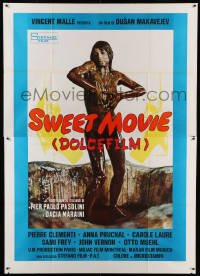 4p089 SWEET MOVIE Italian 2p '74 Canadian socio-erotic comedy, naked woman covered in chocolate!