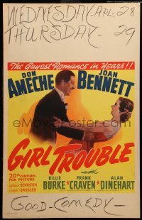 4p317 GIRL TROUBLE WC '42 Don Ameche & Joan Bennett in the gayest romance in years!