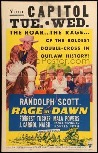 4p399 RAGE AT DAWN WC '55 cool artwork of outlaw hunter Randolph Scott on horseback!