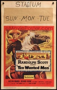 4p437 TEN WANTED MEN WC '54 cool artwork of cowboy Randolph Scott with smoking gun on horse!