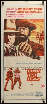 4r632 BILLY TWO HATS Aust daybill '74 cool art of outlaw cowboys Gregory Peck & Desi Arnaz Jr.!