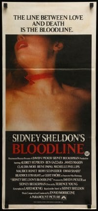 4r634 BLOODLINE Aust daybill '80 the line between love & death, Sidney Sheldon's novel, sexy image