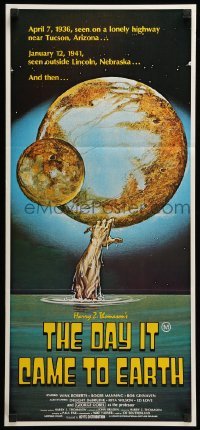 4r668 DAY IT CAME TO EARTH Aust daybill '77 cool artwork of monster arm grabbing the planet!