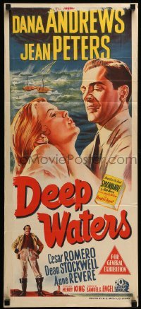 4r674 DEEP WATERS Aust daybill '48 artwork of Dana Andrews holding sexy Jean Peters!
