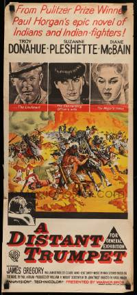 4r684 DISTANT TRUMPET Aust daybill '64 cool art of Troy Donahue vs Indians by Frank McCarthy!