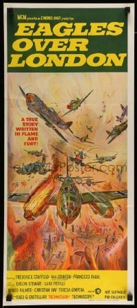 4r692 EAGLES OVER LONDON Aust daybill '73 a true story written in flame & fury, cool art!