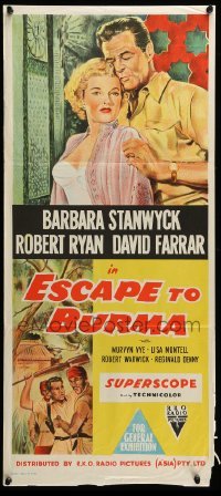 4r698 ESCAPE TO BURMA Aust daybill '55 Robert Ryan & Barbara Stanwyck in the jungle!