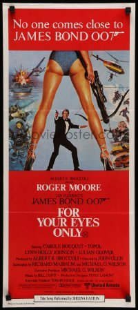 4r708 FOR YOUR EYES ONLY Aust daybill '81 Roger Moore as James Bond, art by Brian Bysouth!