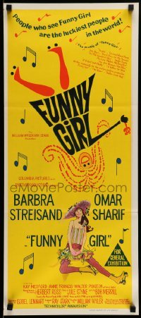 4r715 FUNNY GIRL Aust daybill '69 hand litho of Barbra Streisand, directed by William Wyler!